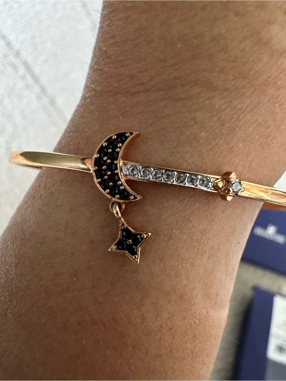 Swarovski Rose Gold-Tone Crescent Moon & Star Bangle Bracelet
